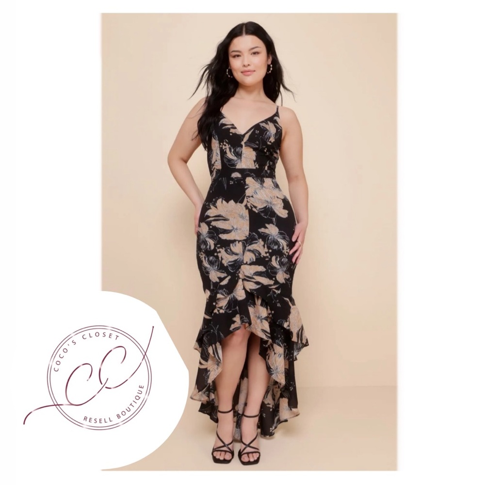 Lulu’s Darling Daylily Black Floral Print High-Low Maxi Dress